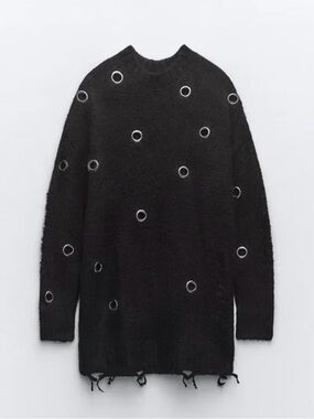 Zara Black Crewneck Sweater with Silver Ring Eyelets